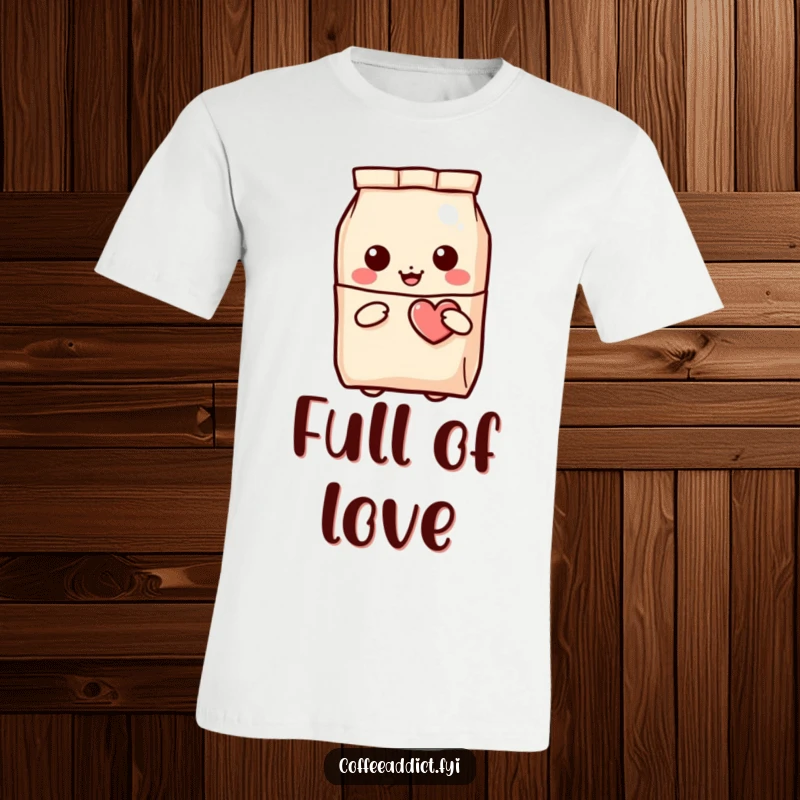 Funny Kawaii Coffee Bag T-Shirt featuring a cute character peeking out and holding a winking heart, symbolizing affection.