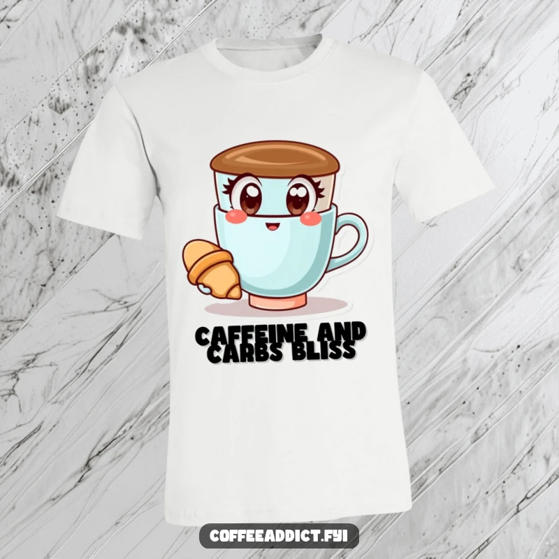Funny Kawaii Coffee Cup T-Shirt: Happy coffee cup with wide eyes holding a croissant, a cheerful and humorous design.