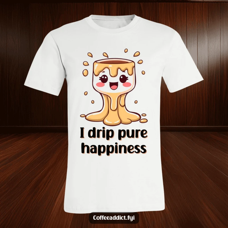 Funny Kawaii Coffee Drip T-Shirt with a smiling character pouring a bubbly cascade, ideal for a cute and humorous apparel gift.