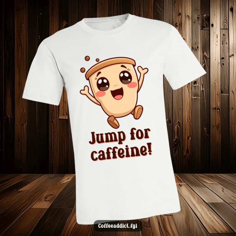 Funny t-shirt design of a cute kawaii coffee character with wide eyes jumping with joy, full of energy.