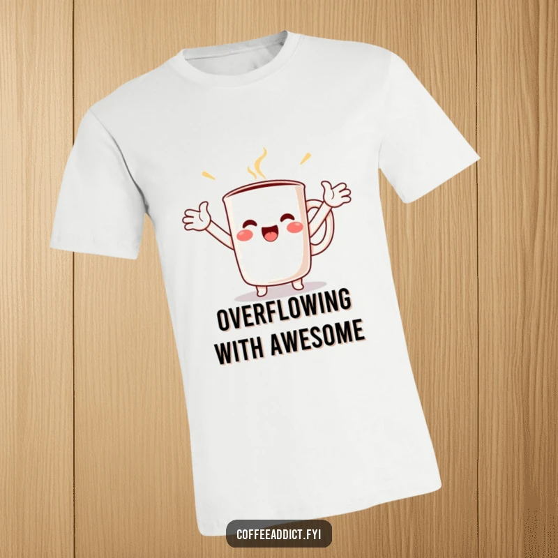 Funny Kawaii Coffee Mug T-Shirt showing a character with arms outstretched, overflowing with pure, unadulterated joy and happiness.