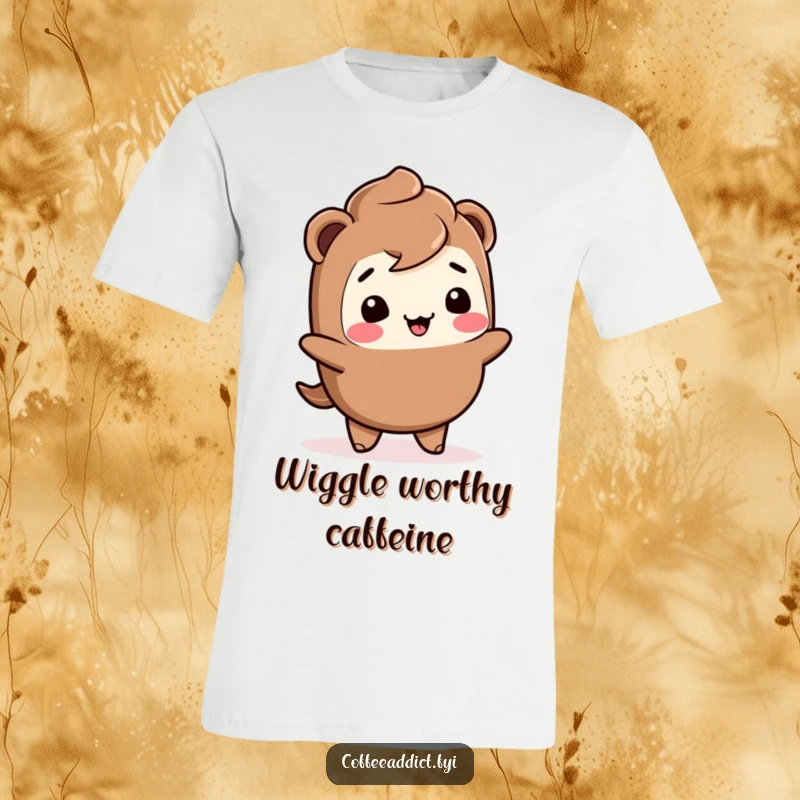 Funny Kawaii mocha t-shirt with a giggling character performing a joyful wiggle, ideal for casual wear and spreading smiles.