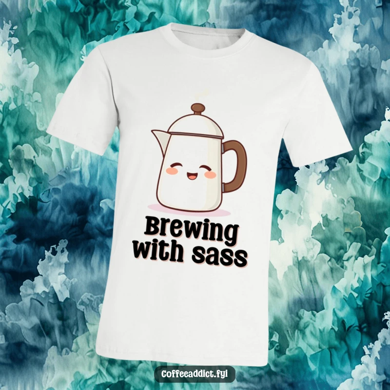 Funny t-shirt graphic of a steaming coffee pot character winking enthusiastically, radiating cheerful energy.