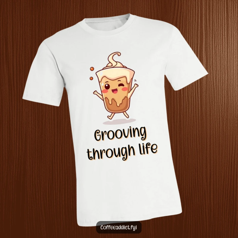 Funny t-shirt with a coffee drip character in a cute dance pose, perfect for coffee and dance enthusiasts.