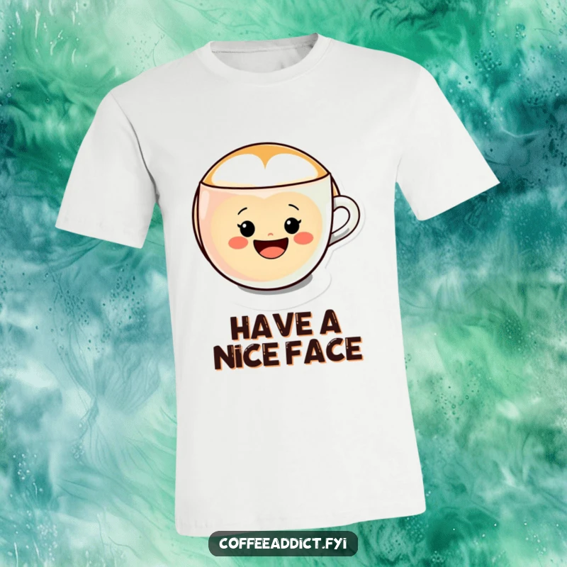 Funny Kawaii Latte Art T-Shirt with a character creating a cheerful smiley face in a coffee cup, symbolizing happiness.