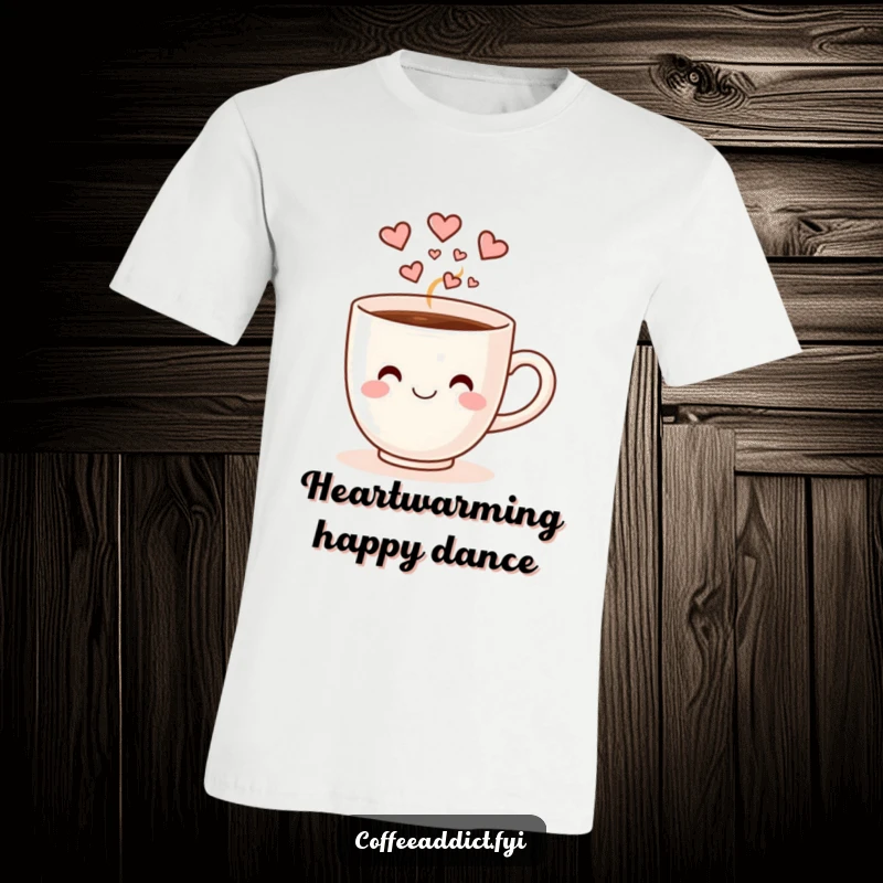 Funny smiling coffee cup with heart-shaped steam doing a joyful dance, featured on a fun t-shirt.