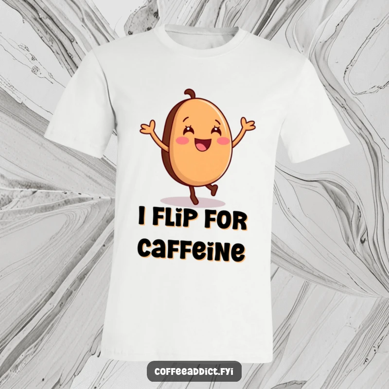 Funny T-Shirt depicting a smiling coffee bean energetically cartwheeling, perfect for expressing a love for coffee and playfulness.