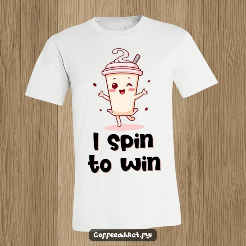 Funny Kawaii Coffee Stirrer Dancer T-Shirt featuring a tiny character twirling with energetic excitement, perfect for coffee enthusiasts.