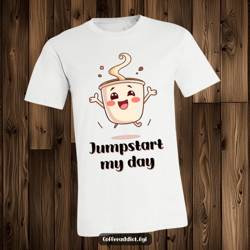 Funny excited coffee cup t-shirt, steam rising, jumping for joy. Energetic and humorous apparel, ideal for coffee addicts as a gift.