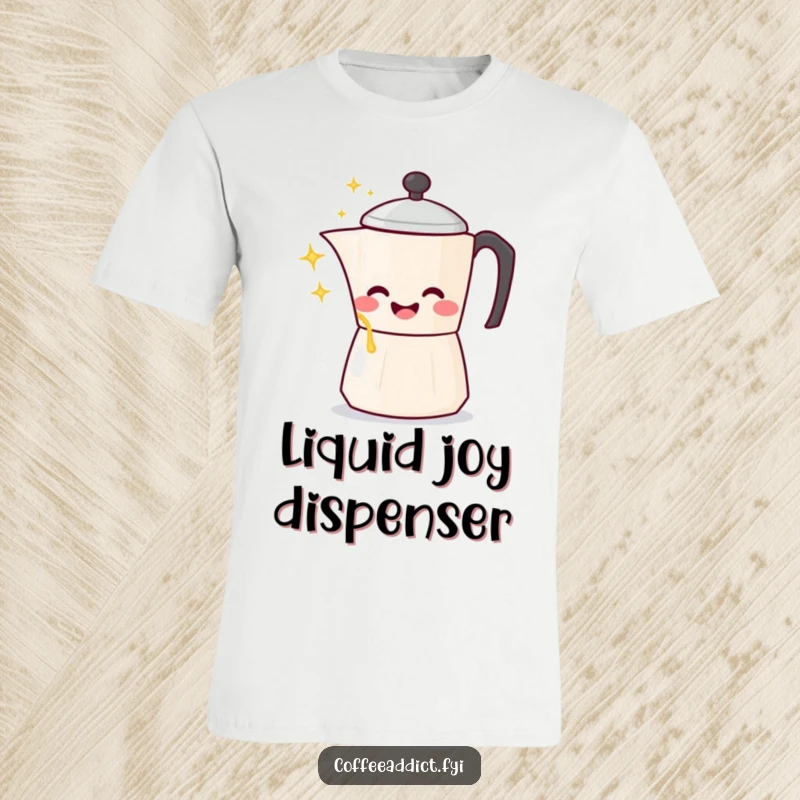 Funny Kawaii Coffee Pot T-Shirt showing character gleefully pouring sparkling liquid, a humorous and joyful design.