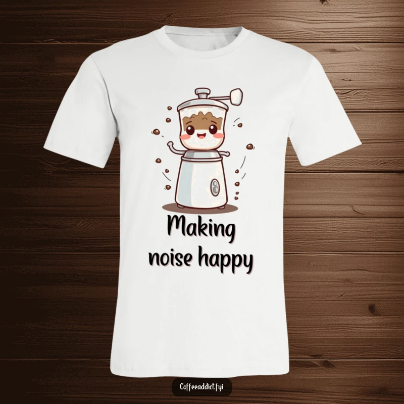 Funny Kawaii Coffee Grinder T-Shirt with a character spinning fast, emitting a cheerful grumble, ideal for coffee enthusiasts.