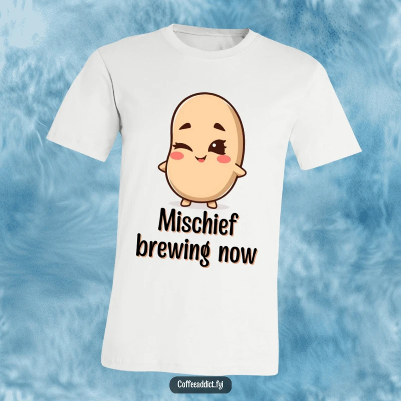 Funny Kawaii Coffee Bean T-Shirt with a cute character winking with a mischievous grin, celebrating coffee and playful mischief.
