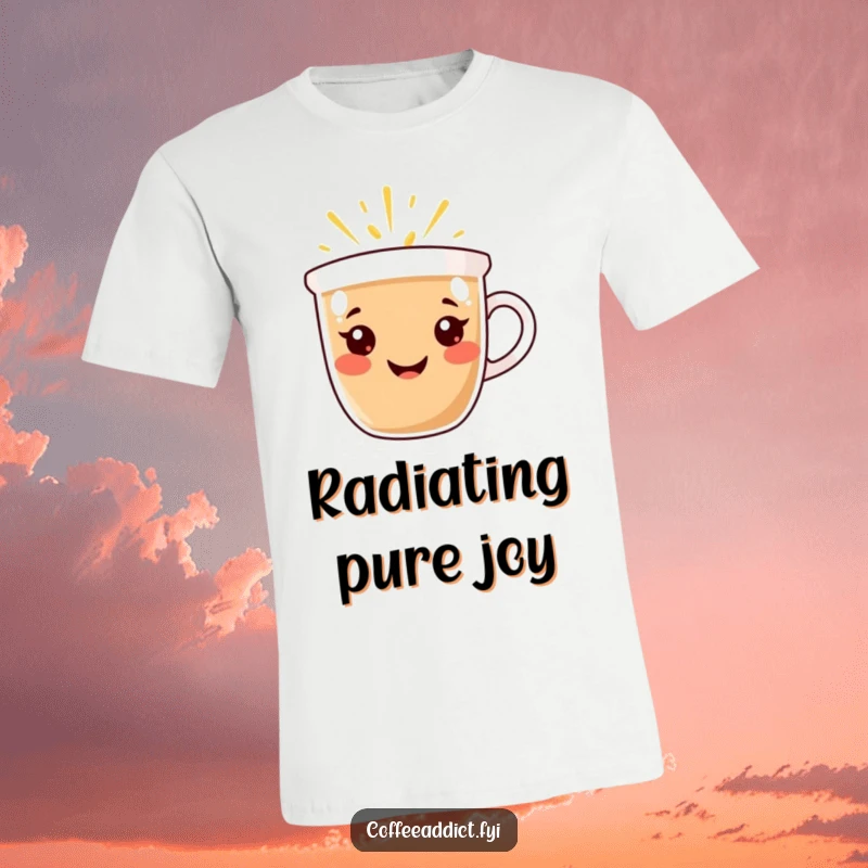 Funny T-Shirt: Coffee cup character with a radiant smile, radiating warmth and happiness, a symbol of positive energy.