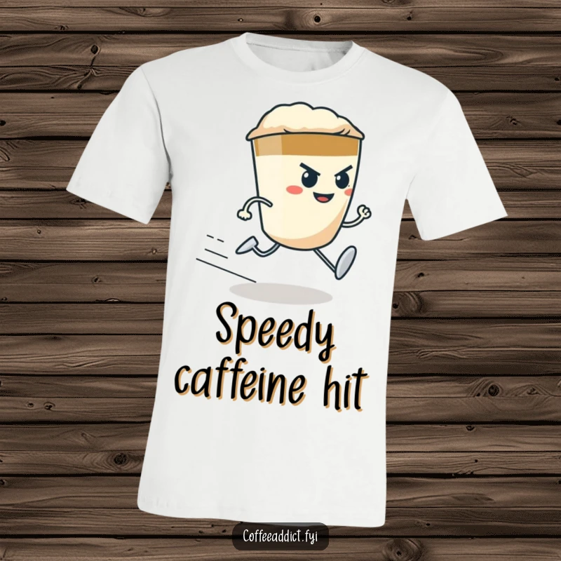 Funny determined espresso shot with tiny legs running fast, printed on a dynamic t-shirt design.