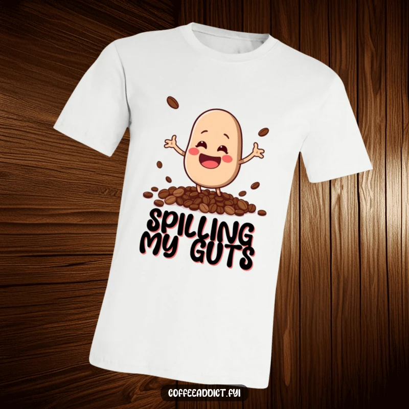 Funny bouncing kawaii coffee bean with a big grin, comically spilling beans, printed on a soft t-shirt.