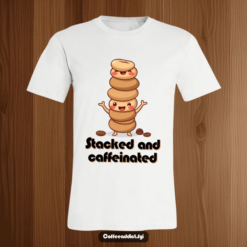 Funny t-shirt with a stack of happy, wobbly coffee beans striking a silly, precarious pose, full of energy.