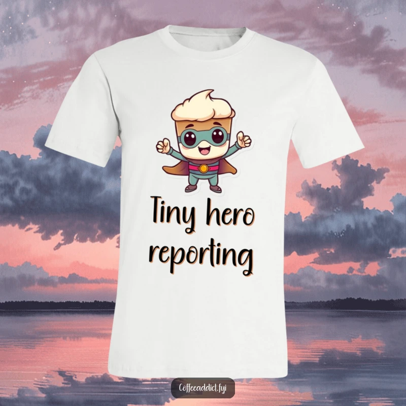 Funny heroic espresso shot t-shirt, striking a tiny pose. Small but mighty and humorous apparel, ideal for gift recipients.