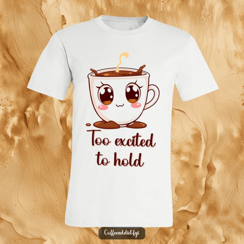 Funny t-shirt graphic of a coffee cup character with massive, excited eyes, comically spilling coffee, embodying pure delight.