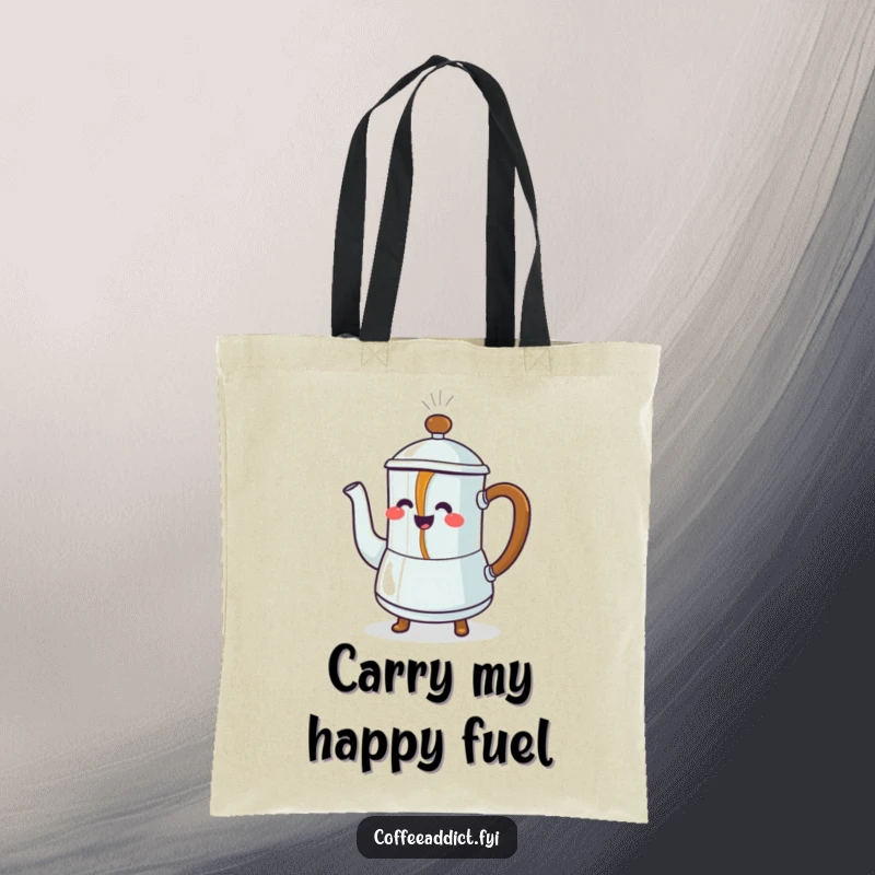 Funny Tote Bag: Steaming coffee pot character pouring a stream of dancing coffee, ideal for carrying items with humor.