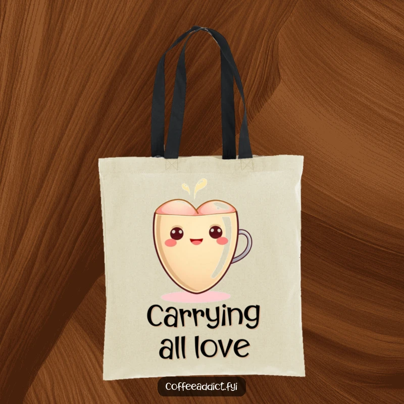Funny Kawaii Latte Heart Tote Bag featuring a cute heart character glowing warmly, perfect for carrying daily items with love and humor.