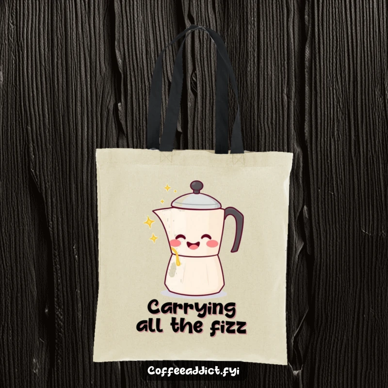Funny Kawaii Coffee Pot Tote Bag with a character gleefully pouring sparkling liquid, showcasing style and humor.