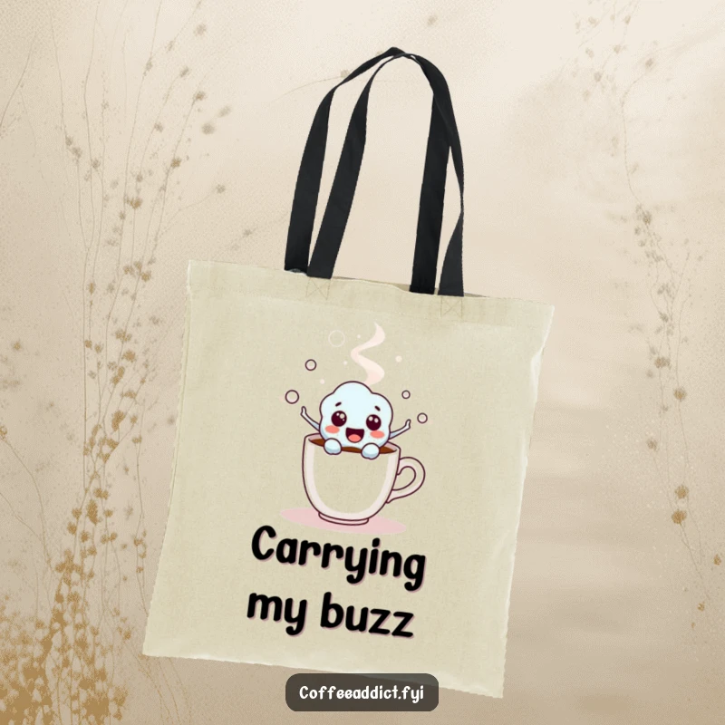 Funny Coffee Molecule Tote Bag showing an excited character popping from a coffee cup, a humorous and practical carry-all.