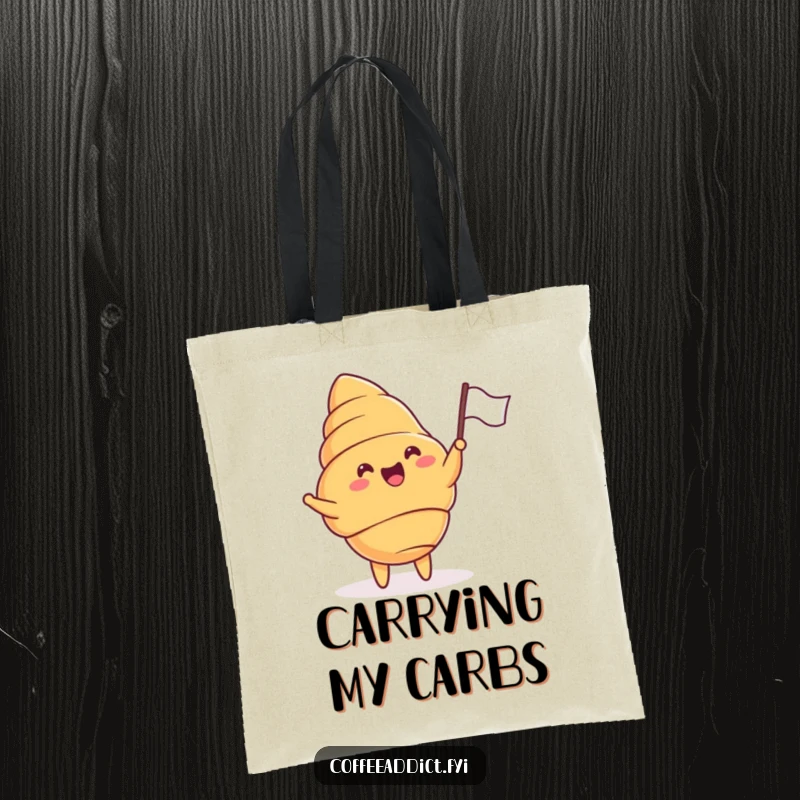 Funny tote bag with a cheering croissant enthusiastically waving a small flag, showcasing pure delight.