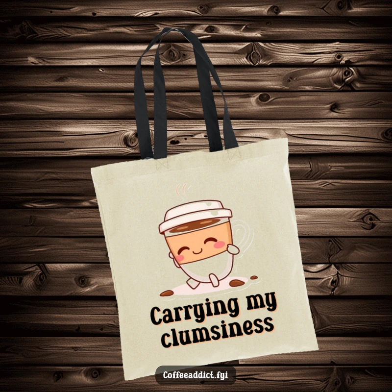 Funny coffee cup character tripping slightly, smiling and dusting itself off with a positive vibe on a canvas tote bag.