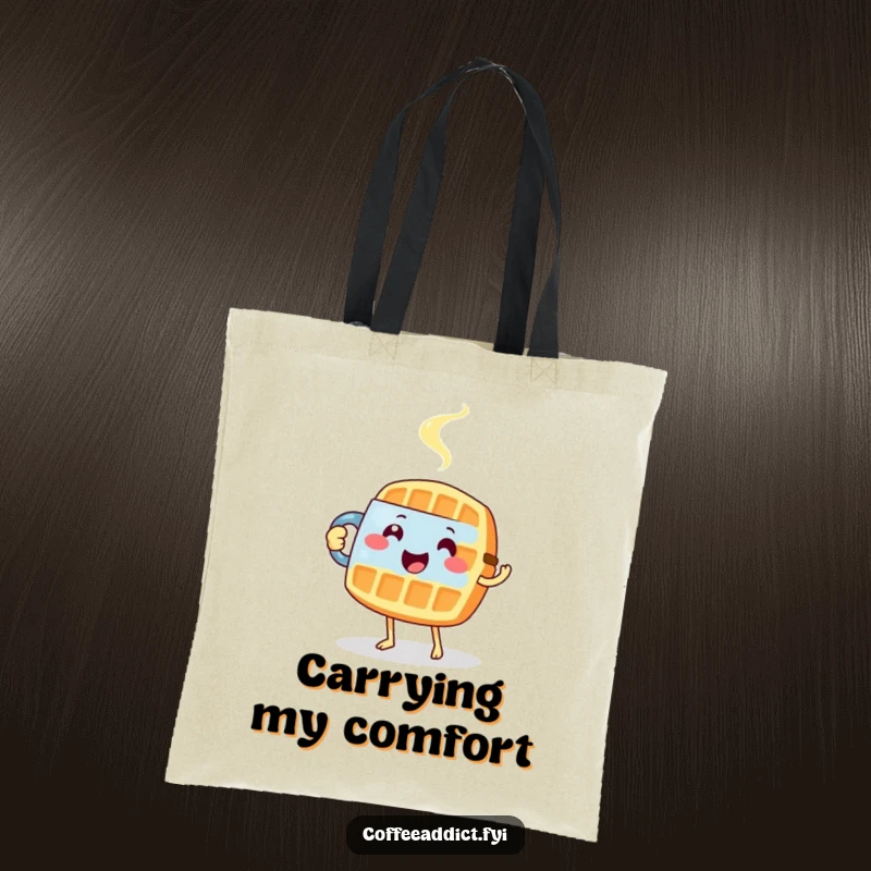 Funny tote bag with a happy waffle carefully tiptoeing with a steaming mug, ideal for carrying treats.