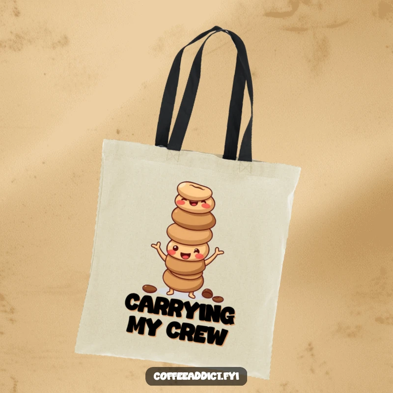 Funny tote bag with a stack of happy, wobbly coffee beans in a silly pose, ideal for coffee enthusiasts.