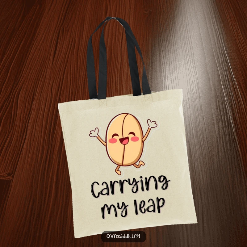 Funny Kawaii Coffee Bean Tote Bag: Cute coffee bean character in a jubilant leap, ideal for humorous carrying of essentials for coffee lovers.