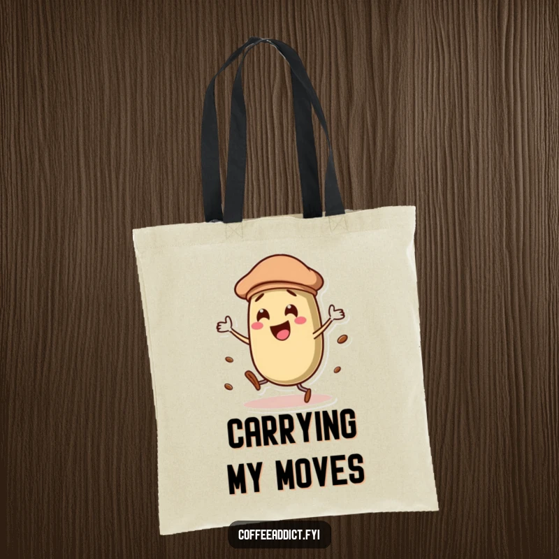 Funny coffee bean character in a chic beret, dancing with passion on a canvas tote bag, ready for stylish errands.