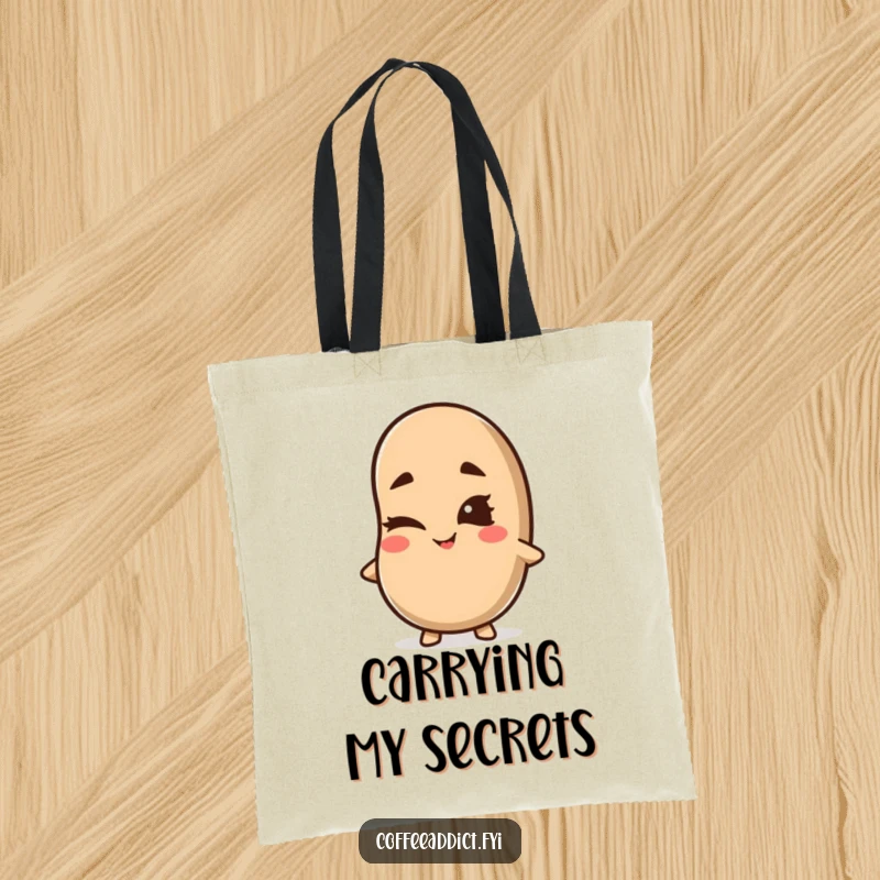 Funny Kawaii Coffee Bean Tote Bag featuring a cute character winking with a mischievous grin, perfect for carrying daily items with humor.