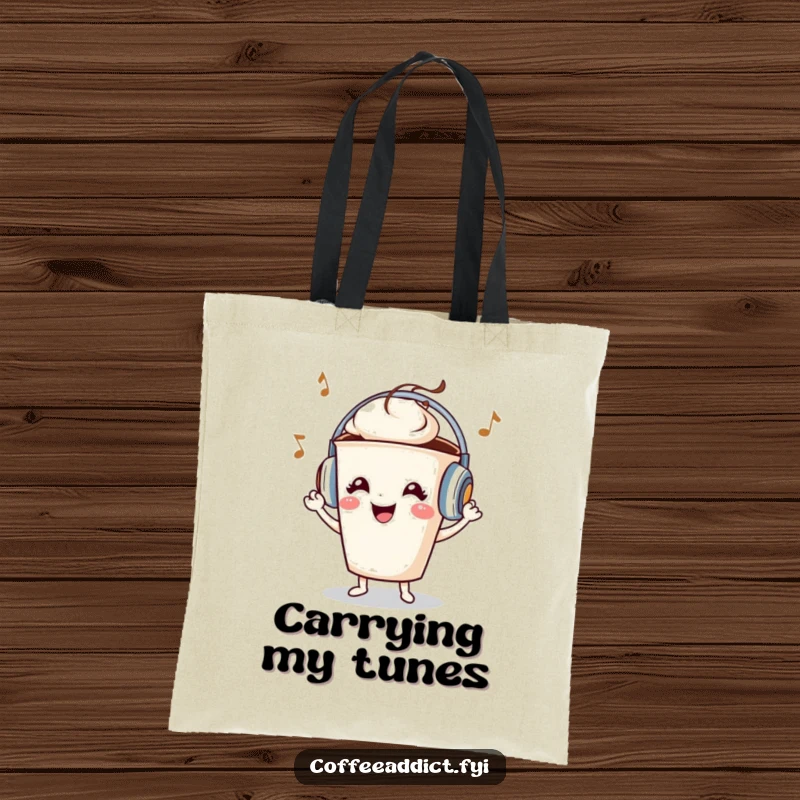 Funny coffee cup character wearing tiny headphones, grooving to music, on a spacious tote bag, great for errands.