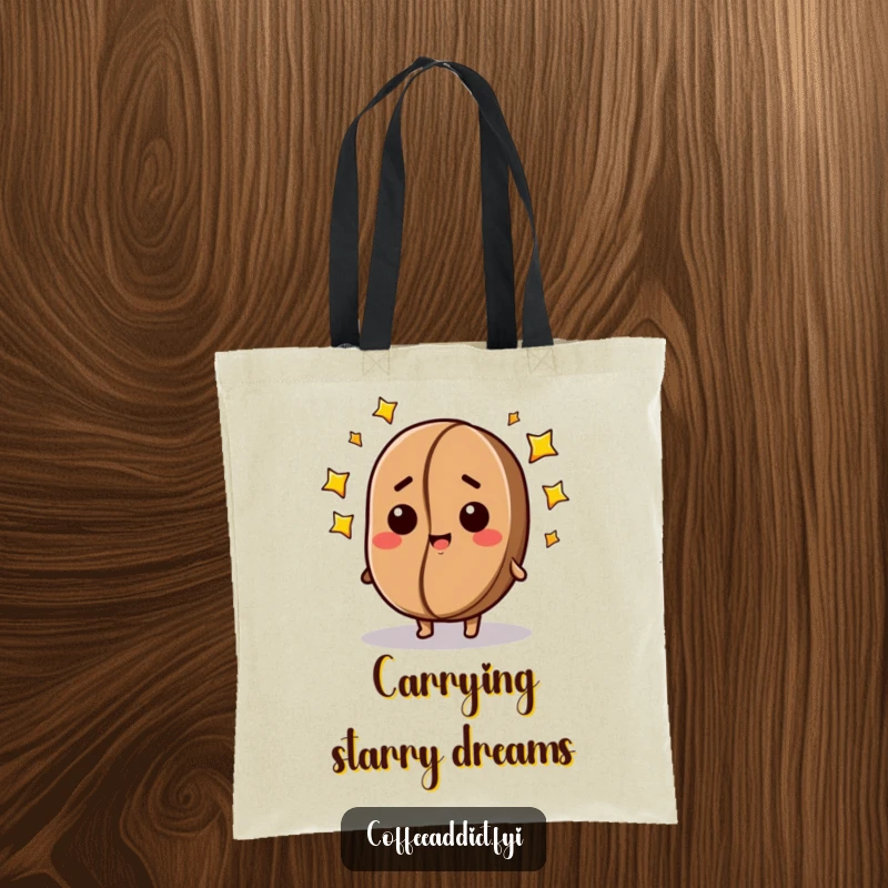 Funny tote bag showcasing a dazed coffee bean with a halo of stars, perfect for carrying everyday items with celestial flair.