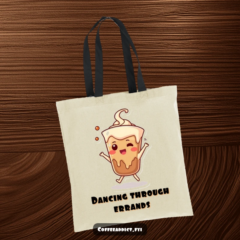 Funny tote bag with a coffee drip character doing an adorable dance, ideal for stylish errands.