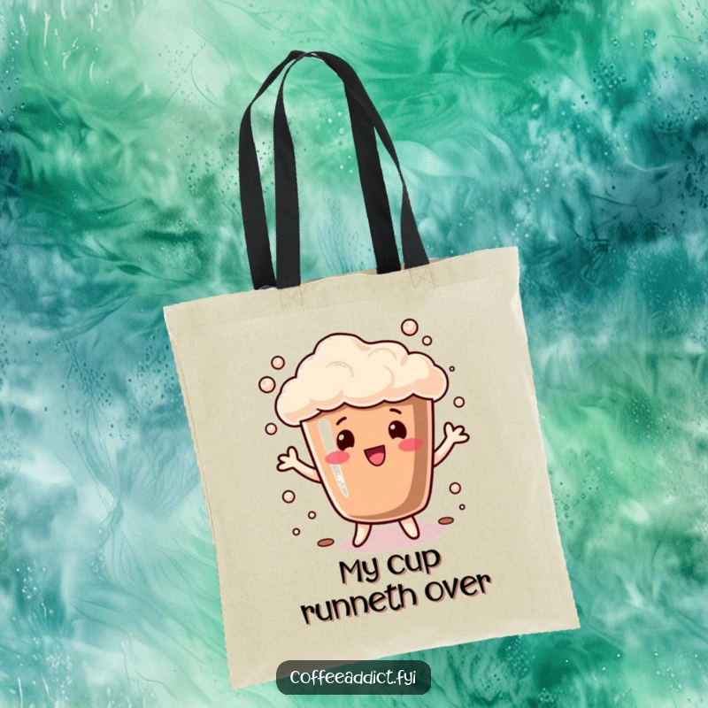 Funny Tote Bag illustrated with a coffee cup overflowing with foam and doing a playful dance, ideal for carrying items humorously.
