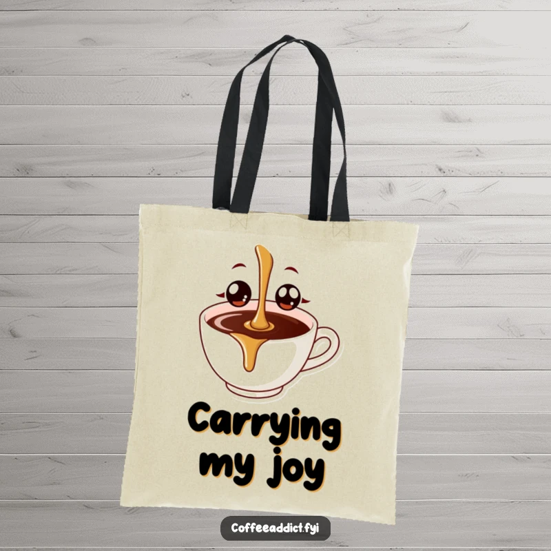 Funny coffee drip with large, happy eyes descending into a coffee cup, printed on a durable and stylish tote bag.