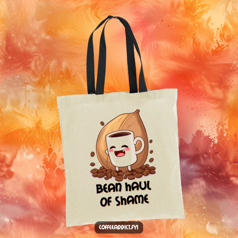 Funny tote bag art depicting a coffee mug character in mock agony over an oversized coffee bean, great for humor lovers.