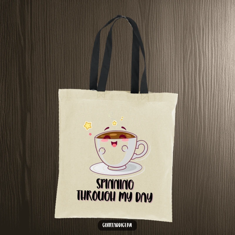 Funny tote bag with a spinning coffee saucer character, perfect for carrying items with a touch of delight.