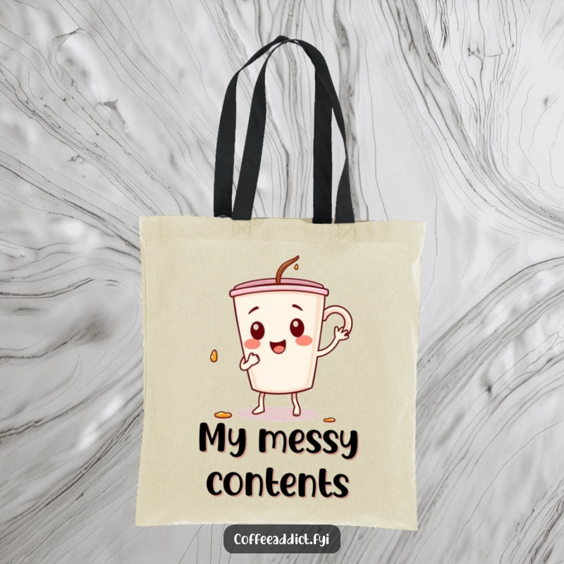 Funny tote bag featuring a coffee cup character in a silly dance, spilling drops, perfect for carrying items with a playful vibe.