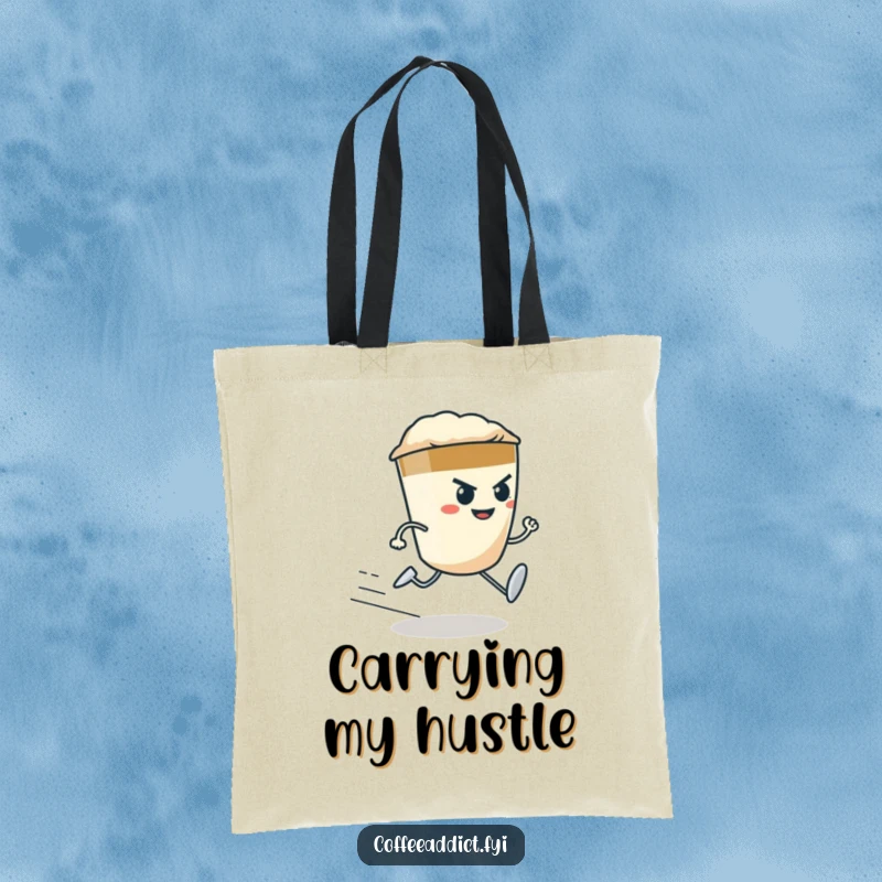 Funny determined espresso shot with tiny legs running fast, on a durable and stylish tote bag.