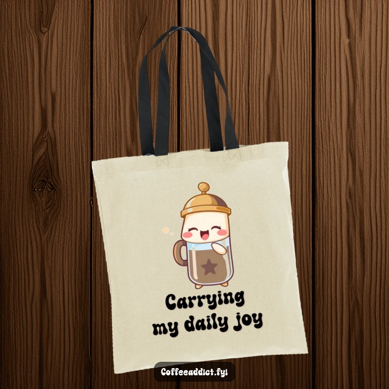 Funny tote bag featuring a French press character in a bubbly sigh of joy, great for daily errands.