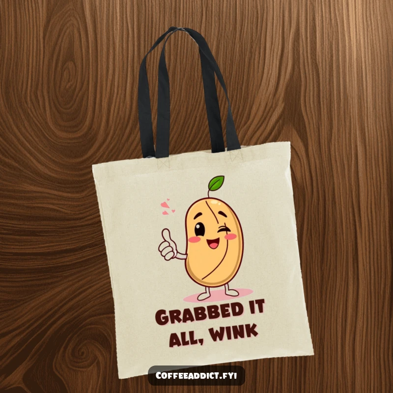 Funny Tote Bag: Coffee bean character giving an enthusiastic thumbs-up with a wink, ideal for carrying items with confidence.
