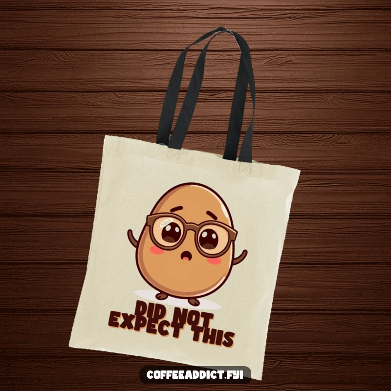 Funny Kawaii Coffee Bean Tote Bag with a surprised character wearing spectacles, perfect for carrying items with quirky style.
