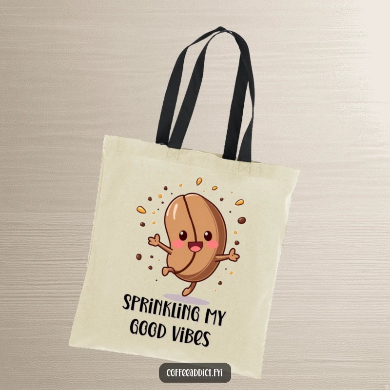 Funny Kawaii Coffee Bean Tote Bag: Energetic coffee bean doing a somersault, a humorous and practical tote for coffee lovers.