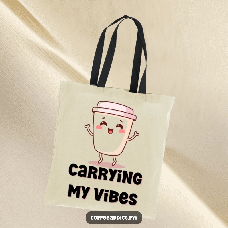 Funny Kawaii Coffee Cup Tote Bag featuring a cute character doing a happy little jig, perfect for carrying essentials with a smile.