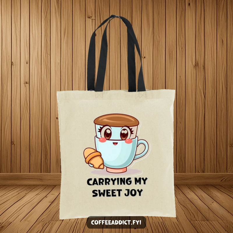 Funny Kawaii Coffee Cup Tote Bag: Happy coffee cup holding a croissant, a cheerful and practical tote for everyday use.
