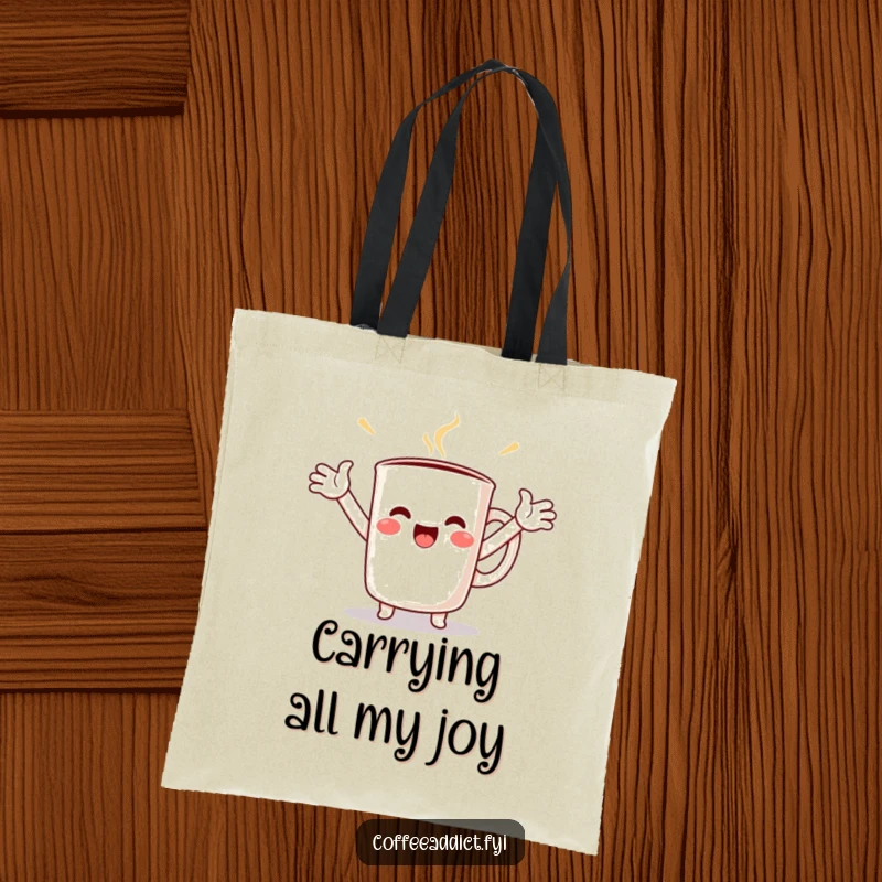 Funny Kawaii Coffee Mug Tote Bag with a character joyfully embracing the world with outstretched arms, a symbol of pure delight.