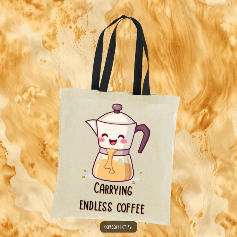 Funny kawaii coffee pot with a wide smile pouring a cascade of coffee, on a stylish tote bag.